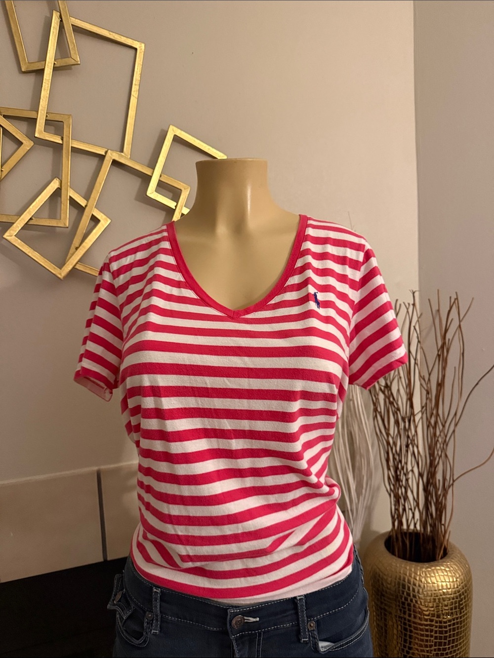 Ralph Lauren Hot Pink and White Striped V-Neck Tee